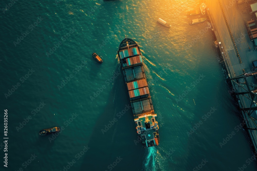 Commercial Dock: Top-Down View of Cargo Ship and Small Boats Commercial Dock: Top-Down View of Cargo Ship and Small Boats