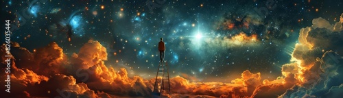 Celestial dreamscape, person on ladder approaching a bright star amidst a surreal cosmic background photo