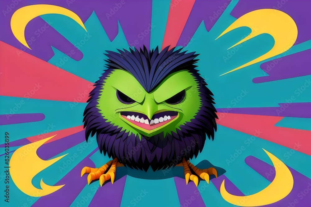 Naklejka premium cartoon illustration raven head, t-shirt art, vector, vibrant colors, bird, Bold, Dynamic, Fierce, Mysterious, Intelligent, Majestic, Beak, Feathers, Eyes, Talons, Aggressive, Edgy, Gothic, Dark