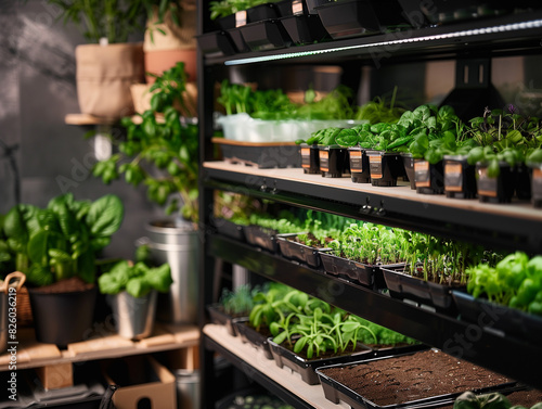 there are many pots of plants on the shelves in the room photo