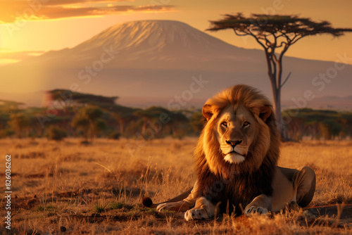Single lion looking in camera sitting proudly on grassland in savanna  photo