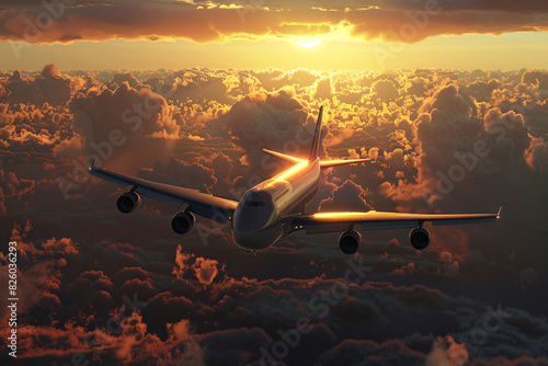 Sunset flight: airplane soaring amongst clouds