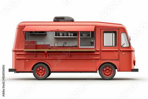 there is a red food truck with a sink and a counter