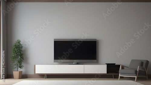 Blank modern flat screen TV hanging on wall in living room, Generative AI