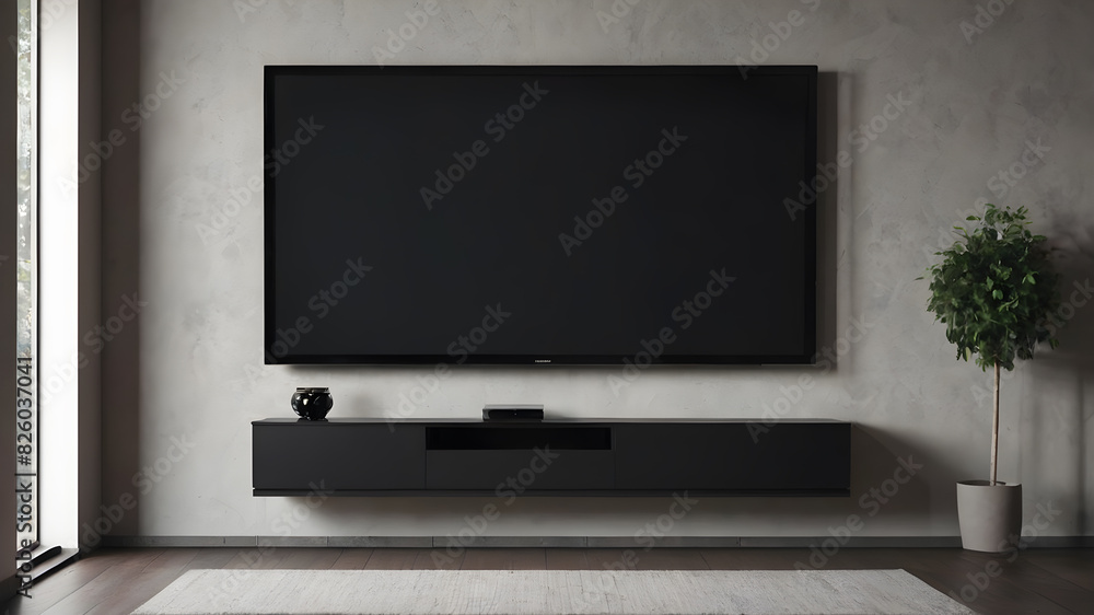 Blank modern flat screen TV hanging on wall in living room, Generative AI Blank modern flat screen TV hanging on wall in living room, Generative AI