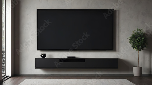 Blank modern flat screen TV hanging on wall in living room, Generative AI