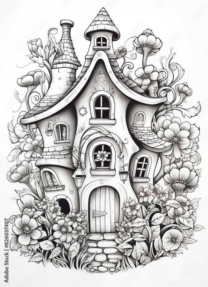 a black and white drawing of a house with flowers around it