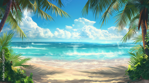 painting of a tropical beach scene with palm trees and a blue ocean