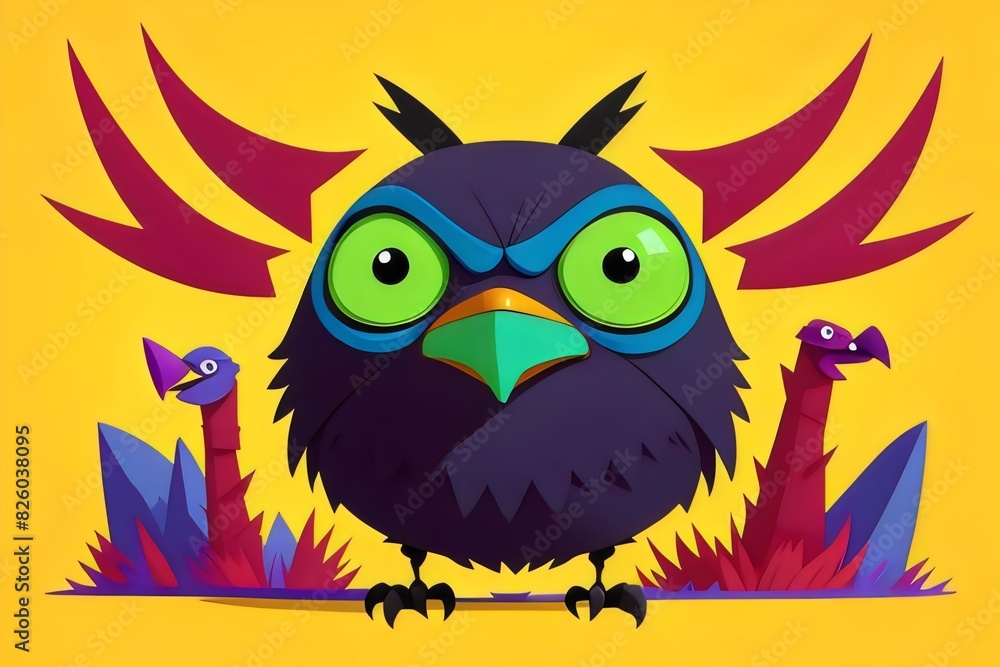 Fototapeta premium cartoon illustration raven head, t-shirt art, vector, vibrant colors, bird, Bold, Dynamic, Fierce, Mysterious, Intelligent, Majestic, Beak, Feathers, Eyes, Talons, Aggressive, Edgy, Gothic, Dark
