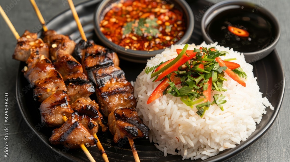 A tantalizing platter of Moo Ping, Thai grilled pork skewers marinated in a sweet and savory sauce, served with sticky rice and spicy dipping sauce. A tantalizing platter of Moo Ping, Thai grilled pork skewers marinated in a sweet and savory sauce, served with sticky rice and spicy dipping sauce.
