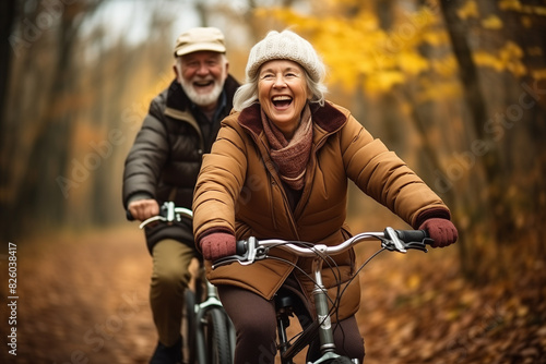 older couple riding bikes in the woods in the fall
