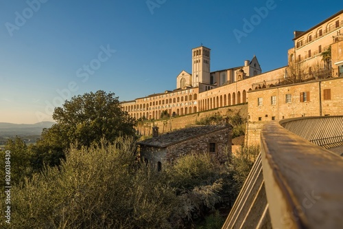 Panoramic view of the Saint Francis Basilica in Assisi, in the Province of Perugia, in the Umbria region of Italy. photo