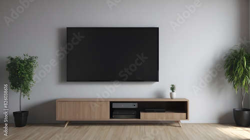 Blank modern flat screen TV hanging on wall in living room  Generative AI
