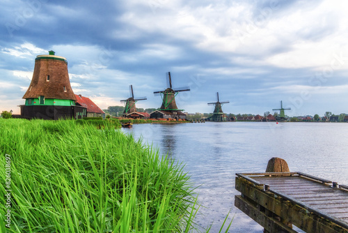 Windmill landscape in the Zaanse Schans, the Netherlands photo