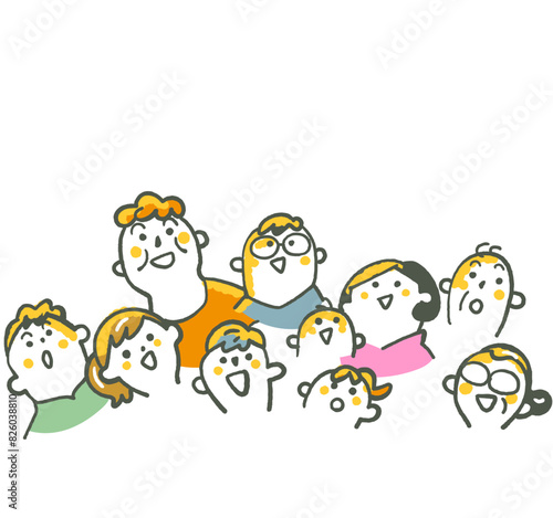 光を照り返しながら空を見上げて完成を上げる人々　イラスト素材
