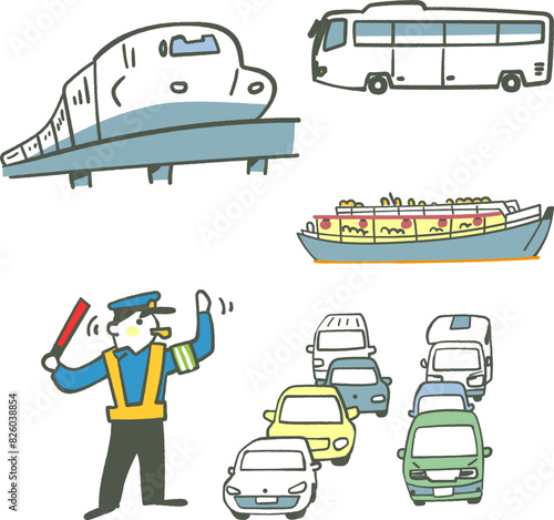 公共交通手段と渋滞と屋形船　イラスト素材
