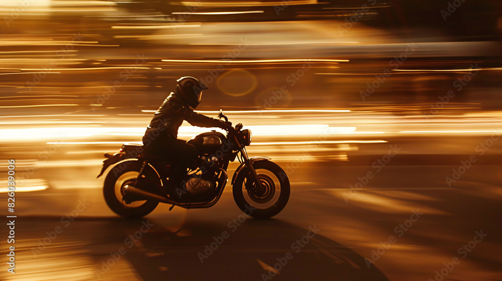 Speeding motorcycle in dynamic motion blur at sunset