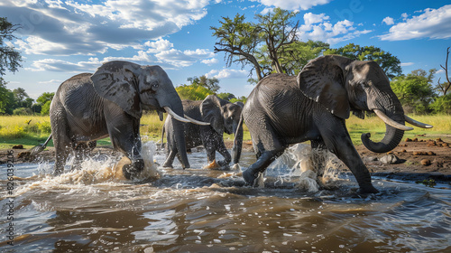 A group of African elephants is walking through a river