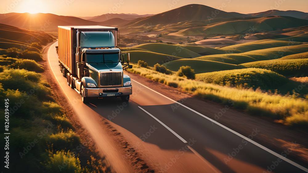 Cargo truck driving through landscape at sunset, Generative AI Cargo truck driving through landscape at sunset, Generative AI