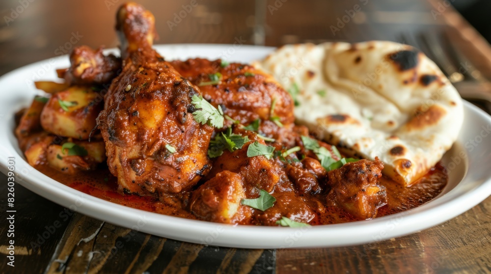 A tempting plate of chicken vindaloo, fiery and tangy curry with tender chicken pieces, potatoes, and a spicy vinegar-based sauce, served with naan.