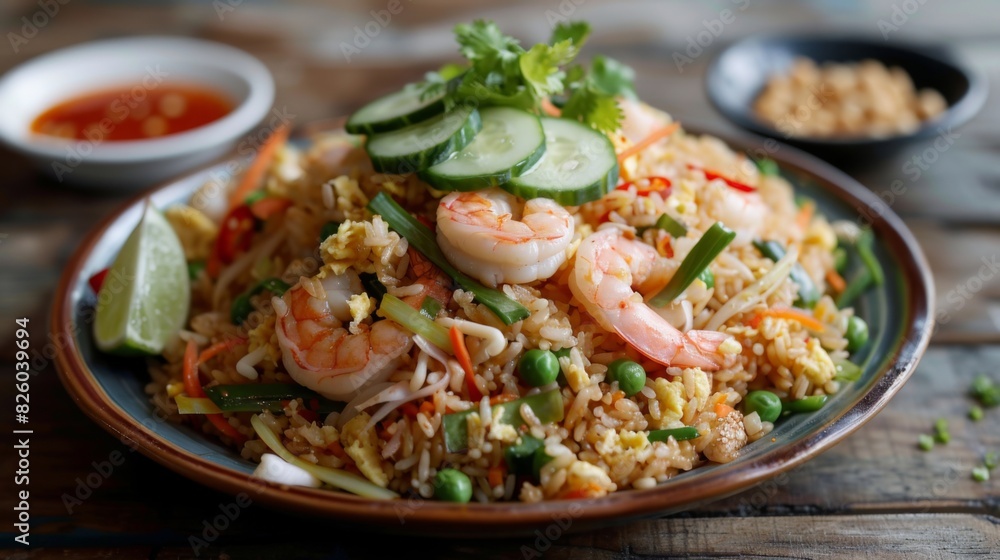 A tempting platter of Khao Pad, Thai fried rice with shrimp, egg, onions, peas, and carrots, garnished with sliced cucumber and a wedge of lime. A tempting platter of Khao Pad, Thai fried rice with shrimp, egg, onions, peas, and carrots, garnished with sliced cucumber and a wedge of lime.