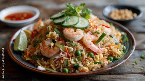 A tempting platter of Khao Pad, Thai fried rice with shrimp, egg, onions, peas, and carrots, garnished with sliced cucumber and a wedge of lime.