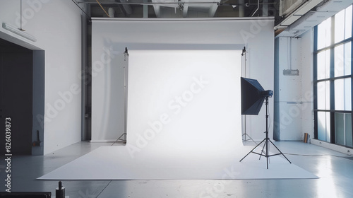 there is a photo studio with a white backdrop and a black and white camera