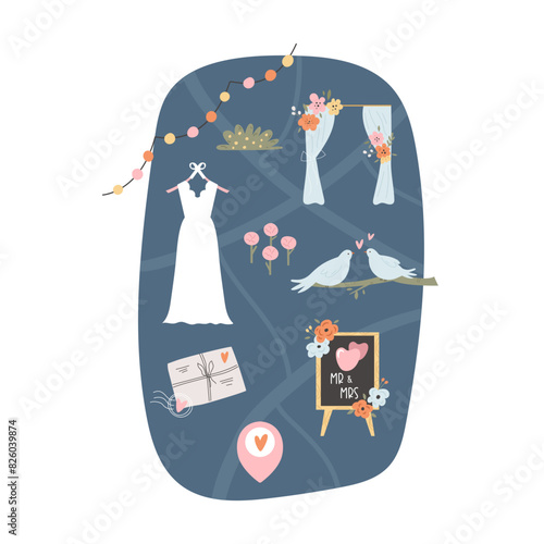 Vector map for wedding day with holiday symbols, icons. Graphic hand drawn design, invitation template