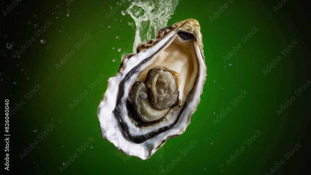 Fresh Sea Oyster Suspended in Mid-Air Against Green Background Fresh Sea Oyster Suspended in Mid-Air Against Green Background