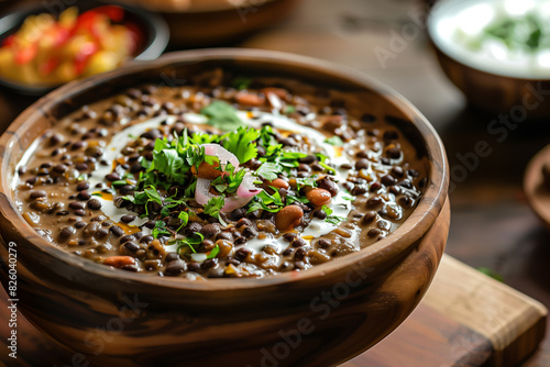 bowl of black eyed beans and rice with a side of vegetables photo