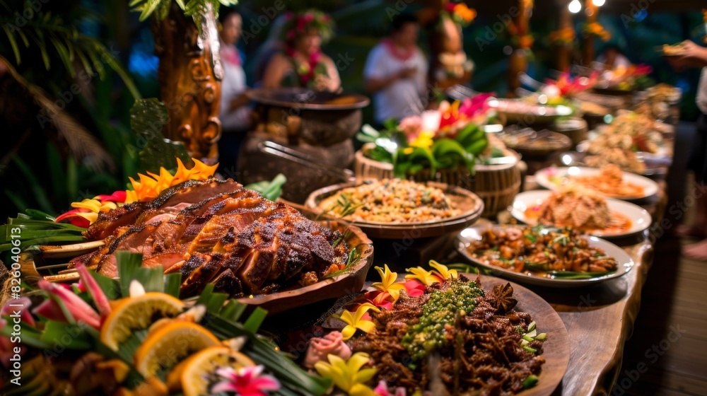A traditional Hawaiian luau feast, with tables laden with kalua pig, poi, lomi lomi salmon, and other delicious island dishes.