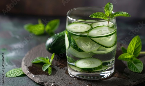Wallpaper Mural Freshly cut cucumber slices and mint leaves in a glass of water  Torontodigital.ca