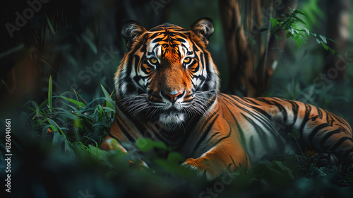 A tiger is lying in a dense jungle photo