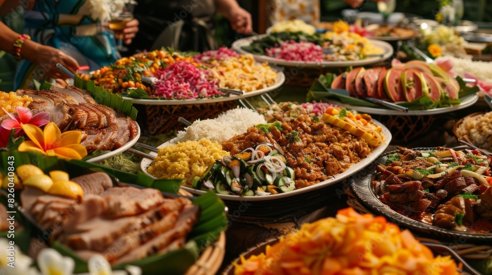 A traditional Hawaiian luau feast, with tables laden with kalua pig, poi, lomi lomi salmon, and other delicious island dishes. A traditional Hawaiian luau feast, with tables laden with kalua pig, poi, lomi lomi salmon, and other delicious island dishes.