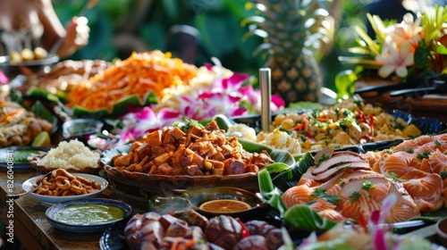 A traditional Hawaiian luau feast, with tables laden with kalua pig, poi, lomi lomi salmon, and other delicious island dishes.