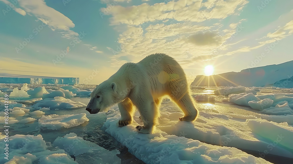 A polar bear is walking on ice in the Arctic