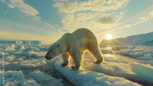 A polar bear is walking on ice in the Arctic