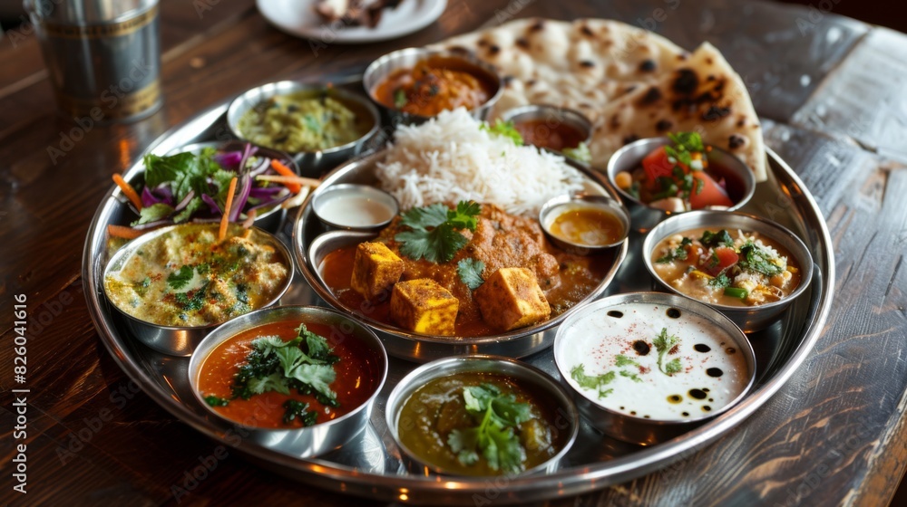 A traditional thali platter, featuring a selection of Indian dishes such as dal, paneer tikka, aloo gobi, and roti, offering a feast for the senses. A traditional thali platter, featuring a selection of Indian dishes such as dal, paneer tikka, aloo gobi, and roti, offering a feast for the senses.