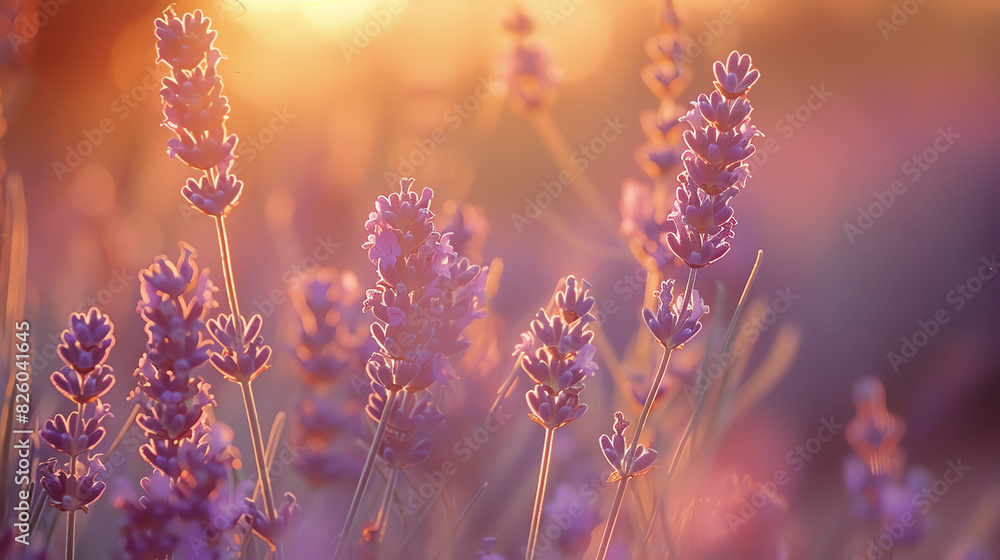 close-up image of lavender flowers in a field at sunset