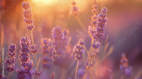 close-up image of lavender flowers in a field at sunset photo