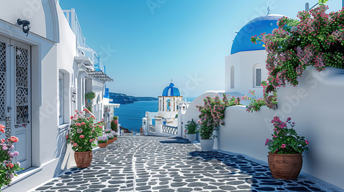 Fototapeta Naklejka Na Ścianę i Meble -  The Greek island of Santorini is picturesque, with its iconic white buildings and blue domes overlooking the sea. The cobbled streets are lined with traditional floral courtyards
