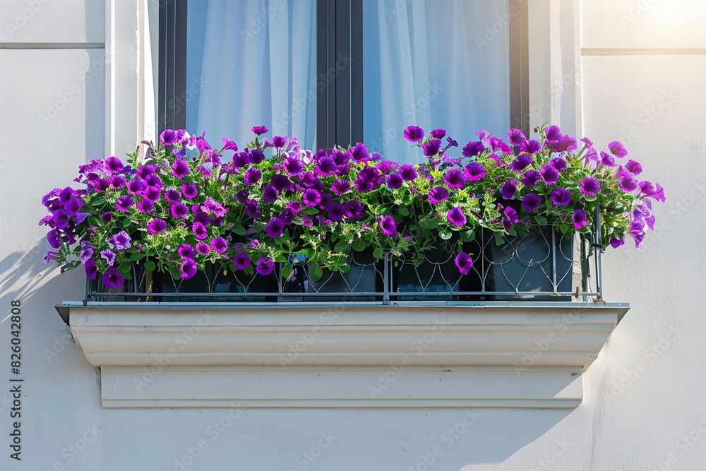 Flower boxes with dark purple petunias on the window ledge