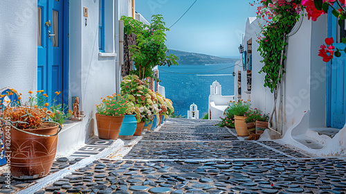 Fototapeta Naklejka Na Ścianę i Meble -  The Greek island of Santorini is picturesque, with its iconic white buildings and blue domes overlooking the sea. The cobbled streets are lined with traditional floral courtyards