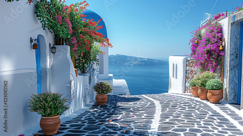 Fototapeta Naklejka Na Ścianę i Meble -  The Greek island of Santorini is picturesque, with its iconic white buildings and blue domes overlooking the sea. The cobbled streets are lined with traditional floral courtyards
