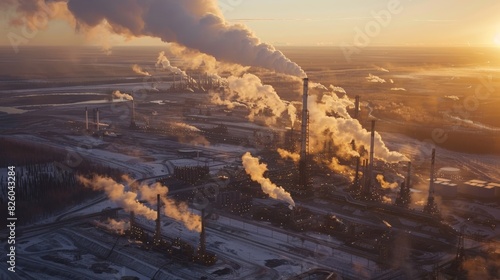 Steam rising from industrial towers at a tar sands extraction site.
