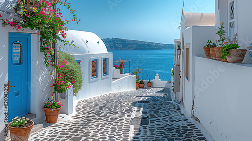 Fototapeta Naklejka Na Ścianę i Meble -  The Greek island of Santorini is picturesque, with its iconic white buildings and blue domes overlooking the sea. The cobbled streets are lined with traditional floral courtyards