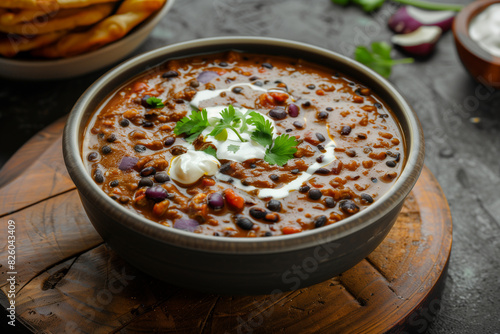there is a bowl of chili and black beans with sour cream