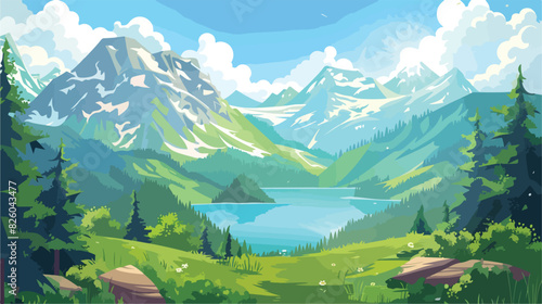 Mountain landscape with lake in green valley. Vector