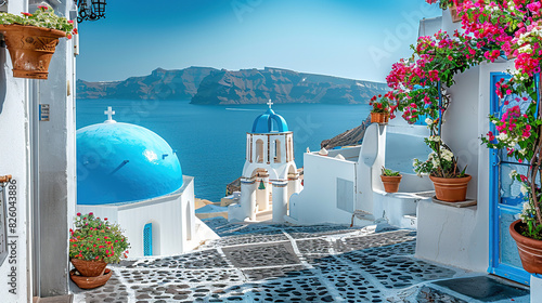Fototapeta Naklejka Na Ścianę i Meble -  The Greek island of Santorini is picturesque, with its iconic white buildings and blue domes overlooking the sea. The cobbled streets are lined with traditional floral courtyards