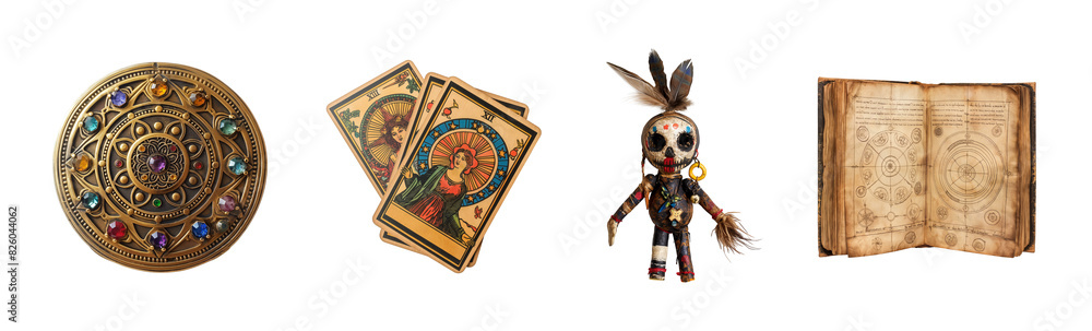 Collection of black magic items isolated on transparent background. Occult and mysticism concept. Collection of black magic items isolated on transparent background. Occult and mysticism concept.